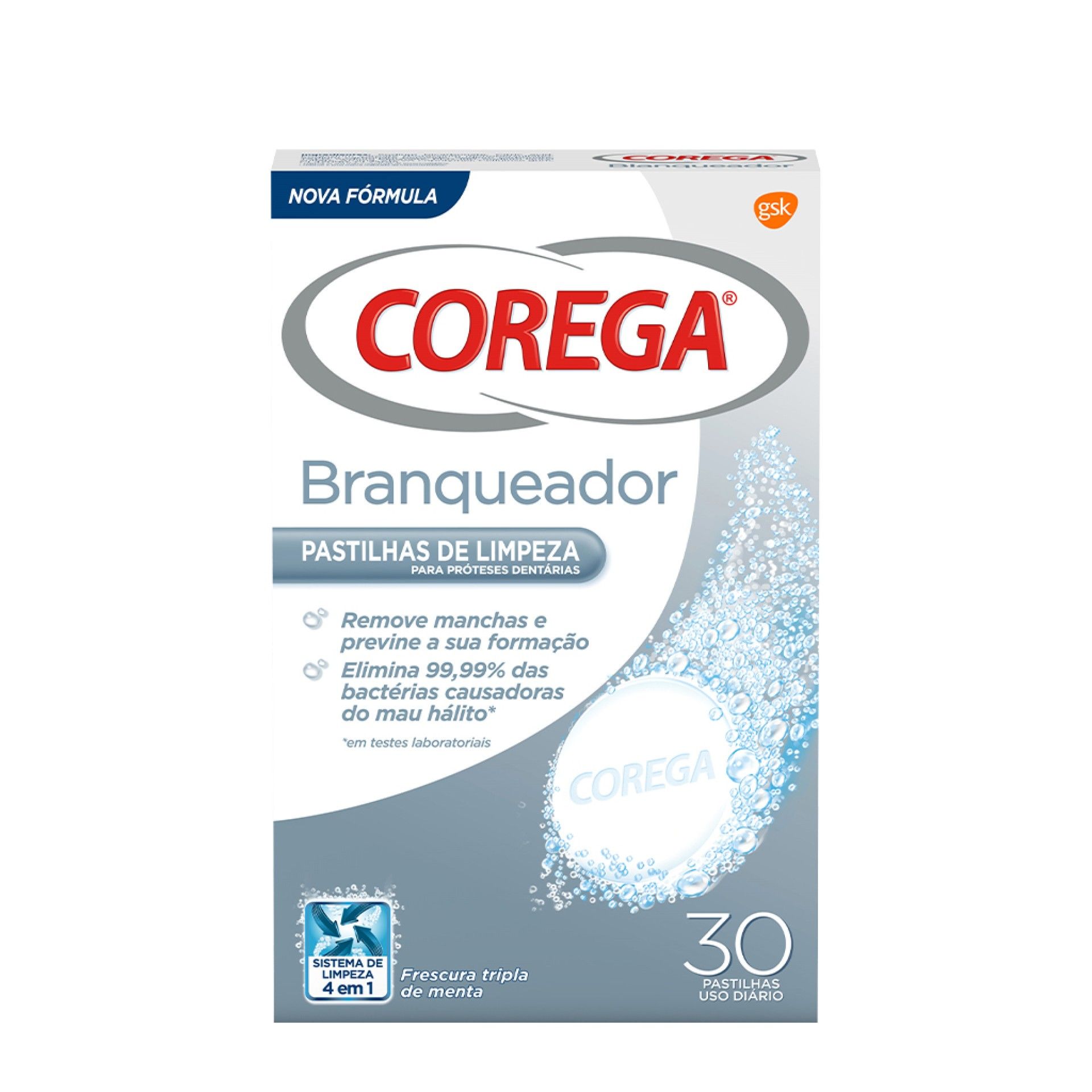 Corega 30 Pastilhas de Limpeza Branqueadoras