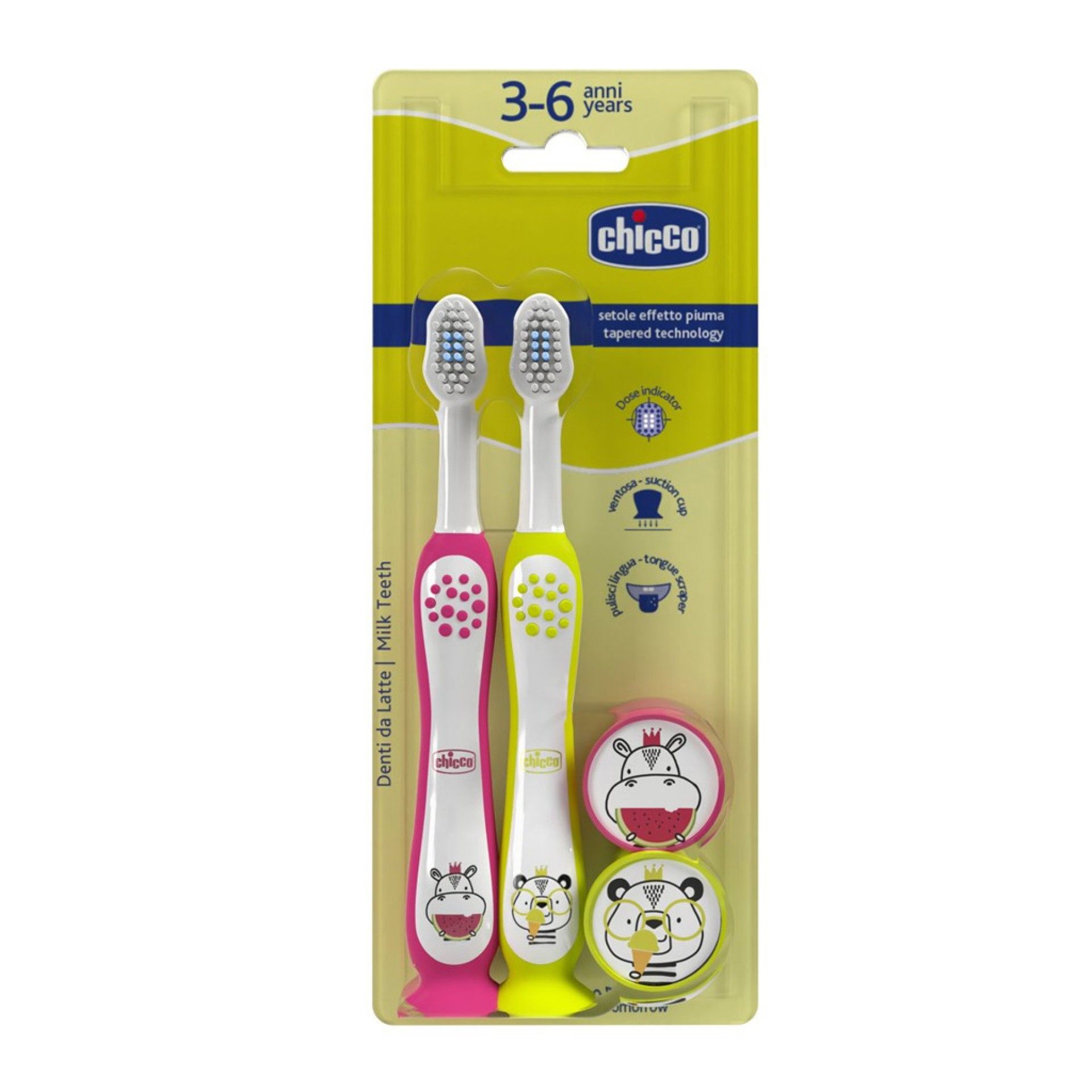 Chicco Escovas de Dentes Hipopótamo Rosa e Panda Criança 3-6 anos Pack